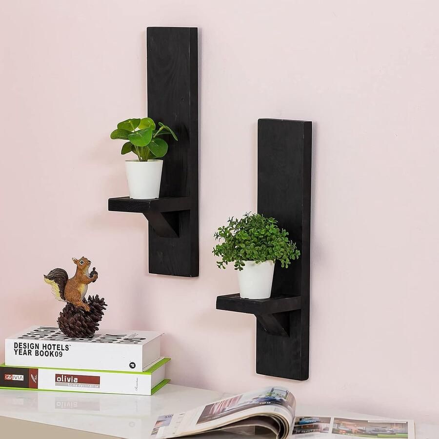 Bloemenrek set van 3 stijlvolle wandplanken hout voor je planten en wanddecoratie (zwart)