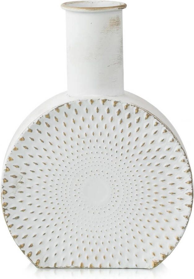 Bloemenvaas met witte boerderijdecoratie Rustieke metalen vaas voor kunstbloemen Leuke bloemenvaas met reliëf stippen Boho Tafeldecoratie Vaas voor woonkamer Koffietafel Slaapkamer Keuken Kantoor