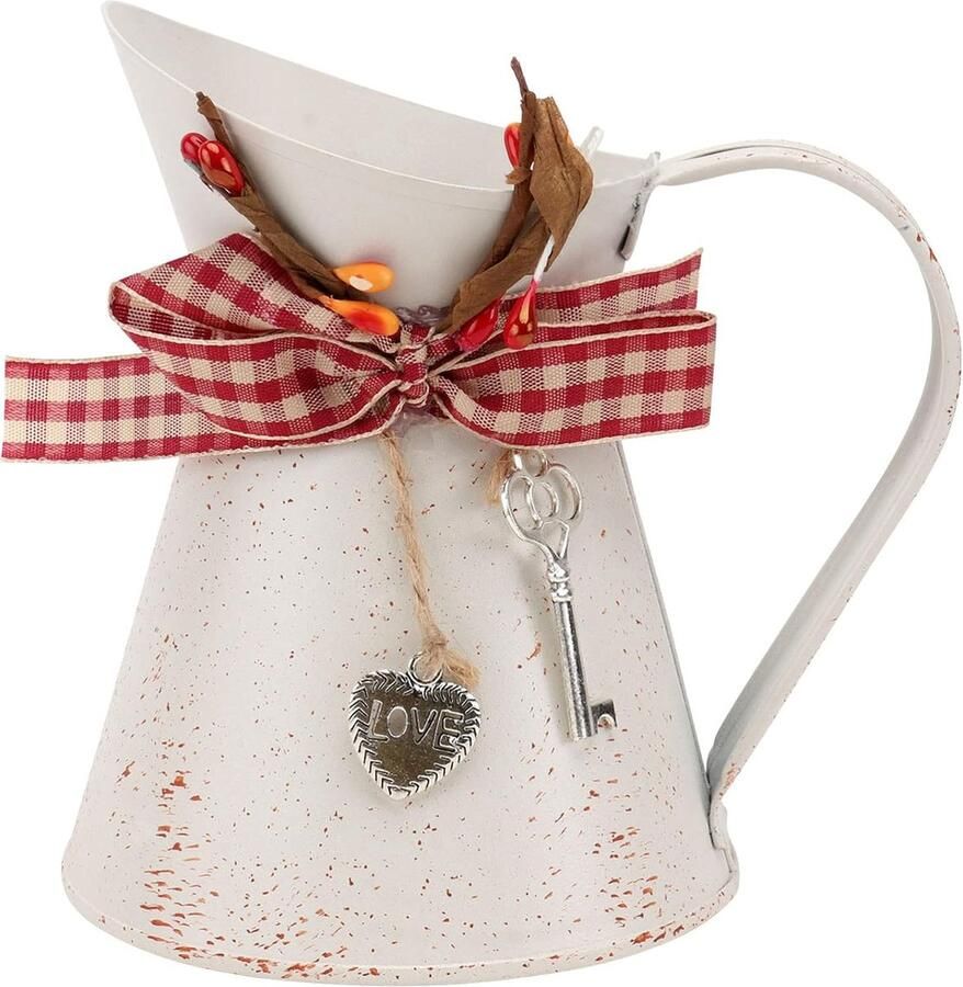 Bloemenvaas vintage rustieke gieter bloempot landhuisvaas metalen kruk bloembak met boogsleutel shabby chic decoratie voor kantoor bureau balkon woonkamer decoratie beige