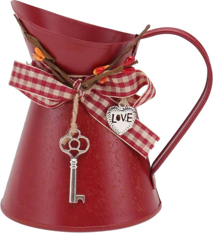 Bloemenvaas vintage rustieke gieter bloempot shabby chic decoratie landhuisvaas metalen kruik plantenbak boog sleutel voor kantoor bureau balkon woonkamer decoratie rood