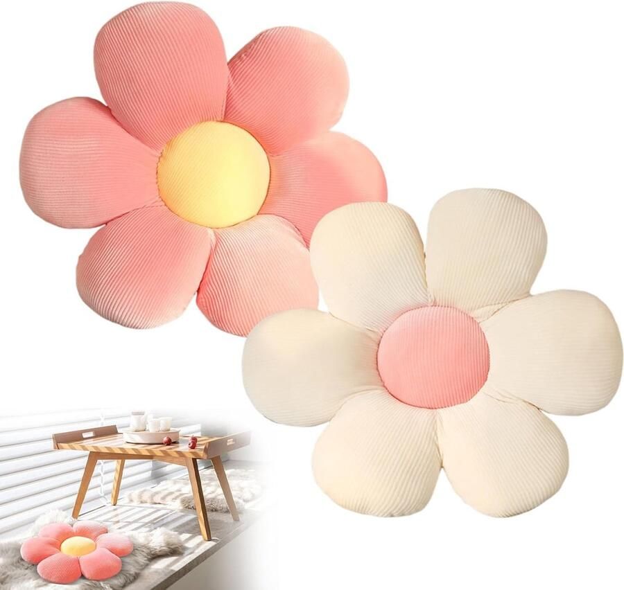 Bloemkussen 2 stuks madeliefjeskussen 38 x 38 cm bloemvloerkussen voor auto huis bank stoel vloer roze wit