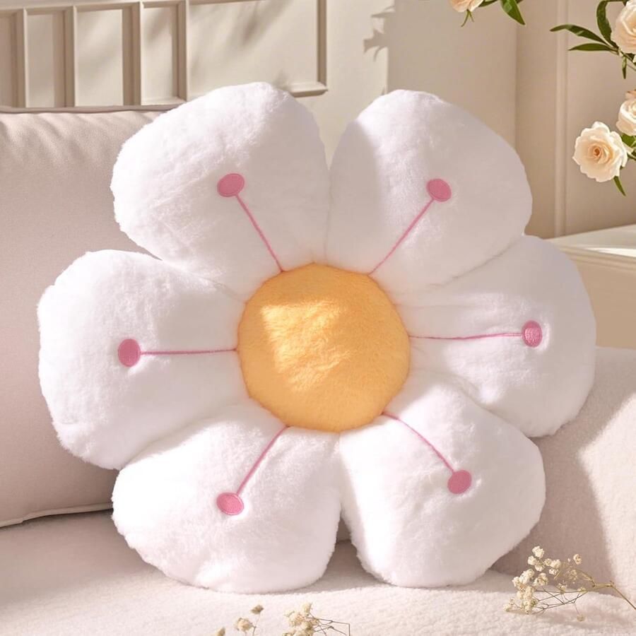 Retadou Bloemkussen wit geel bloemenvorm decoratief kussen madeliefje schattige bloemenzitkussen esthetisch sierkussen voor thuis bank bed 40 cm