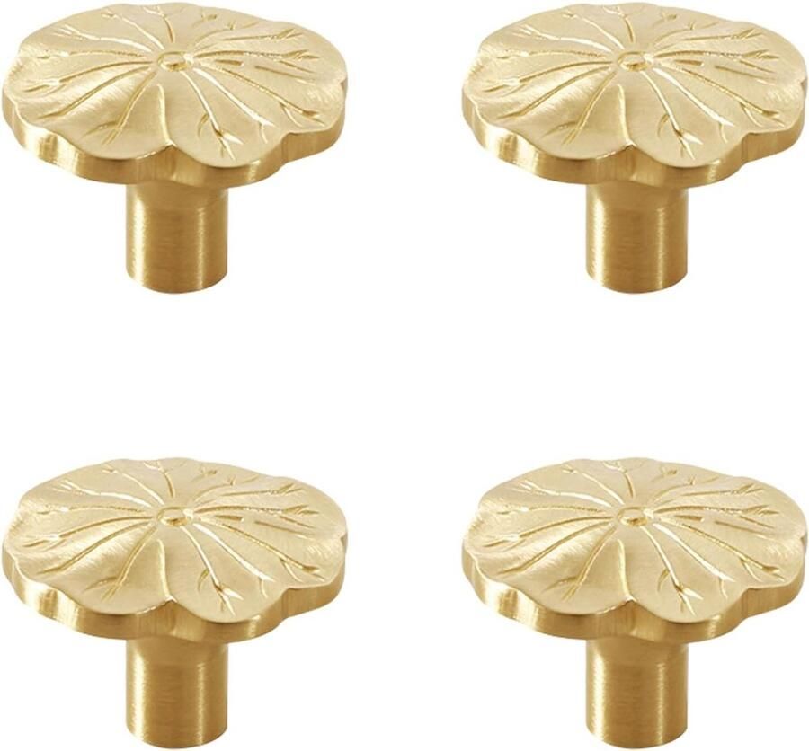 Allecto Plus Gouden Kastknoppen Lotusbloemvormig 4 stuks met schroeven Messing kastdeurknop voor Slaapkamer Badkamer Keukenkastjes