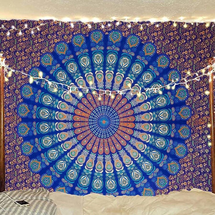 Blue colour mandala wall tapestry psychedelic Indian peacock bed linen Bohemian hanging flower pattern bed Hippie tapestry