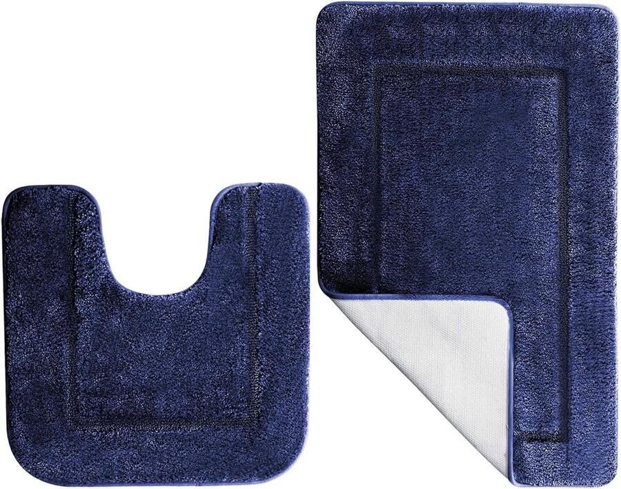 Blue Soft Microfiber Bathroom Mats Set of 2 Non Slip Rugs with Water Absorbent 53 X 86 CM Bath Rug and 50 X 50 CM Toilet Mat Shower Washable