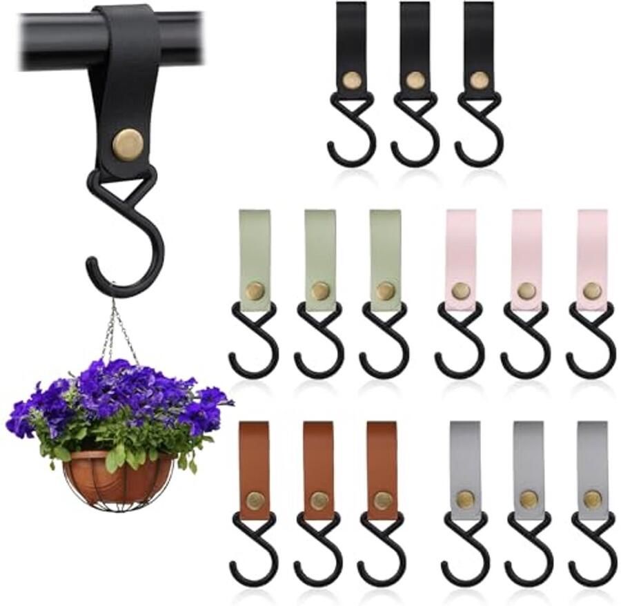 Bmliingchau 15 stuks S-haken met leren lus kapstokken haken voor leren kledingroede kapstokken met leren lus haken om op te hangen in de kledingkast keuken camping