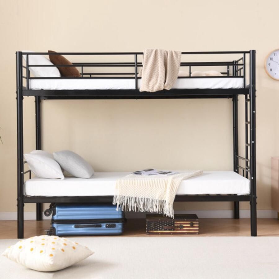 Bodembed kinderen 90x200 cm Bunk Bed Kids met veiligheidsreling Converteerbaar naar 2 eenpersoonsbedden Bunkbed met slate -frame anti -slip trappen zwart