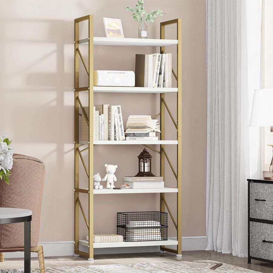 Boekenkast met 5 niveaus industrieel staand rek geschikt voor woonkamer kantoor 1 stuk goud metaal