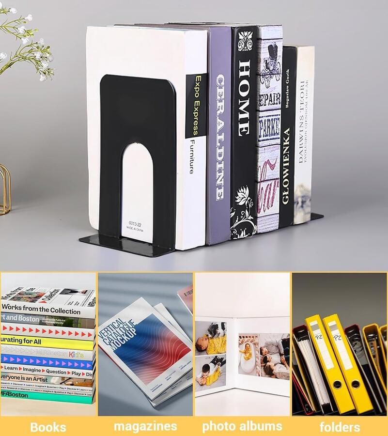 Boekenhouder boekenstopper voor kinderen kantoor school thuis bibliotheek zwart 12 stuks (70 x 100 x 130 mm)