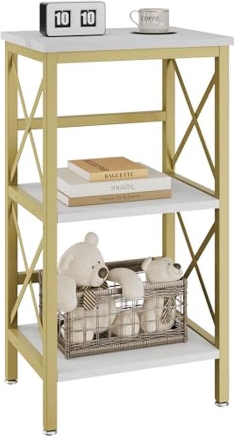 Boekenkast 3-laags met Stalen Frame voor Woonkamer Keuken en Kantoor Wit Marmer en Goud