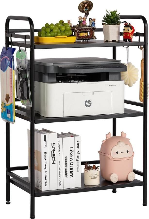 Boekenkast 3 niveaus staande plank met stalen frame ladderplank plank met 4 haken open staande plank voor studeerkamer woonkamer slaapkamer keuken 60×35×92cm zwart