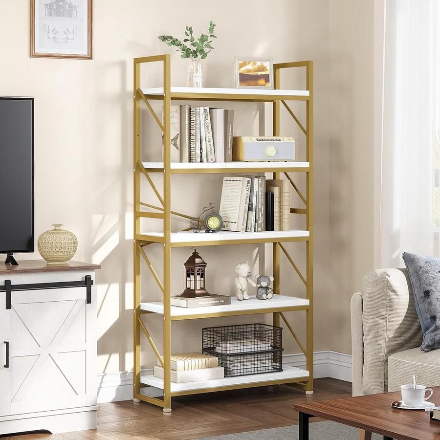 Boekenkast 5 niveaus industriële boekenplank grote vrijstaande boekenkast houten plank en metalen frame rekken unit display opbergrek voor woonkamer thuiskantoor gouden boekenplank
