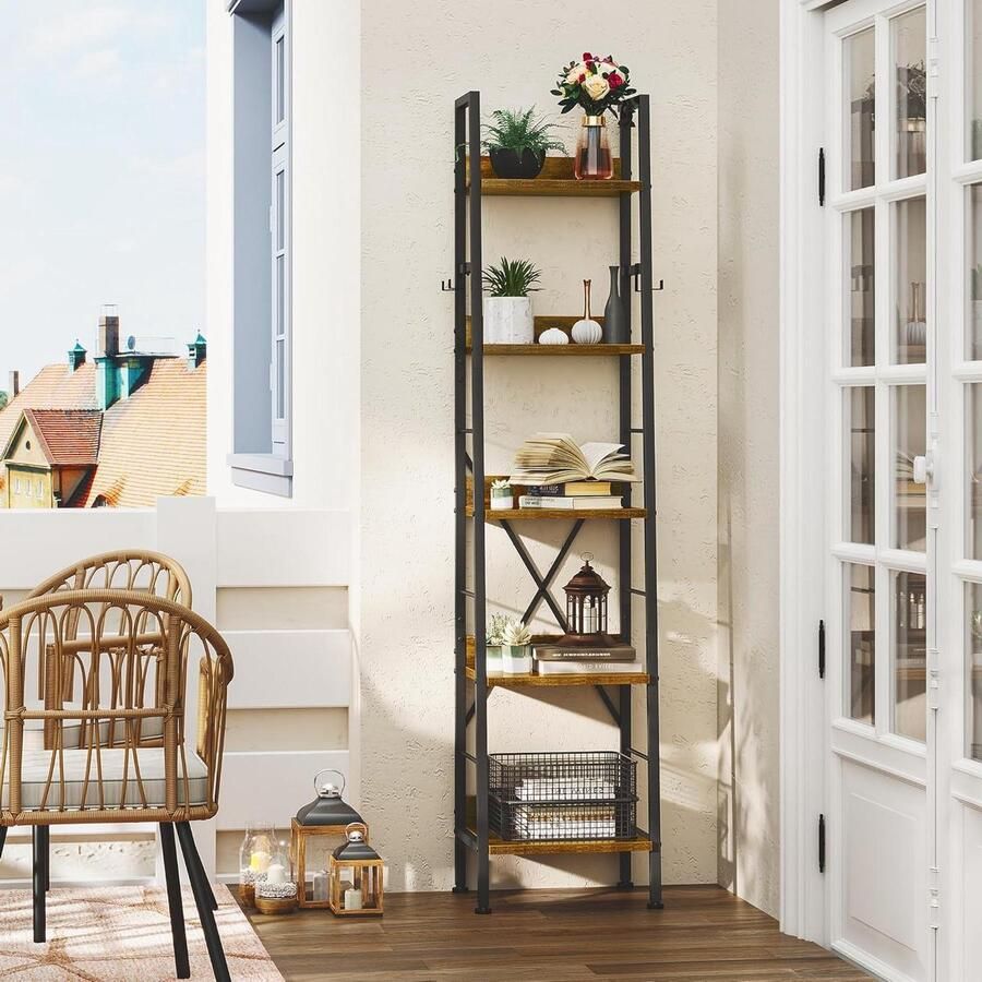 Boekenkast 5 niveaus industriële ladderplank houten en metalen boekenrek moderne rekken voor woonkamer en kantoor rustieke bruine plankenrek met ladderdesign