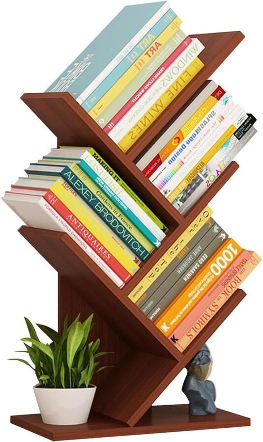 Boekenkast 5 niveaus met boomvormige verdeler plank in teakhoutkleur voor opbergen van cd's dvd's boeken en tijdschriften geschikt voor woonkamer werkkamer kinderkamer en kantoor