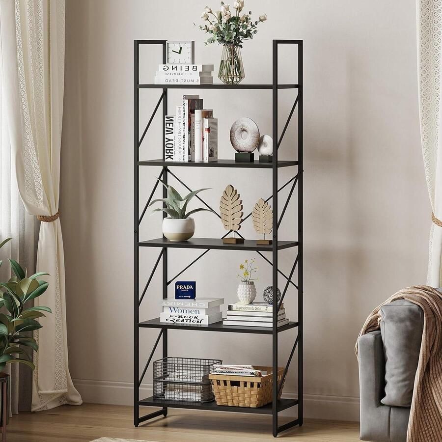 Boekenkast 5 niveaus staand boekenrek houten rek metalen frame opbergrek woonkamer thuiskantoor zwart