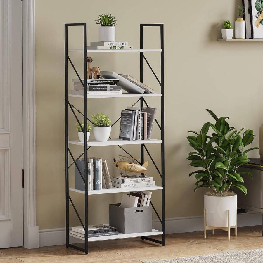 Boekenkast 5 niveaus staande boekenplank houten plank en metalen frame boekenrek display-opbergrek voor woonkamer thuiskantoor witte boekenplank