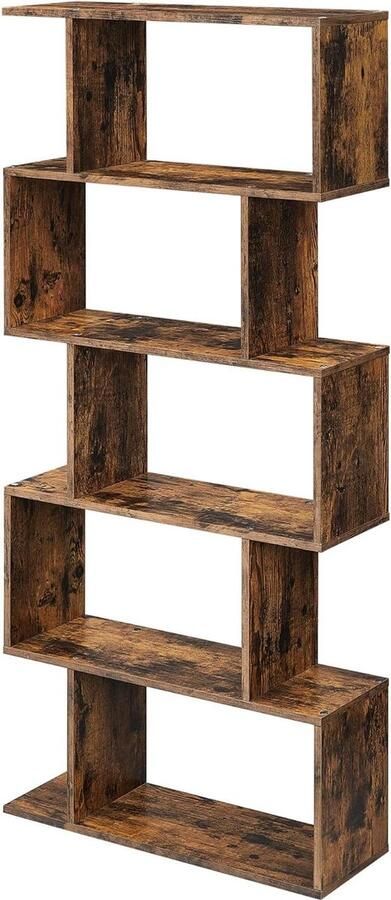 Boekenkast 5 niveaus zigzag opbergrek woonkamer kantoor rustiek bruin