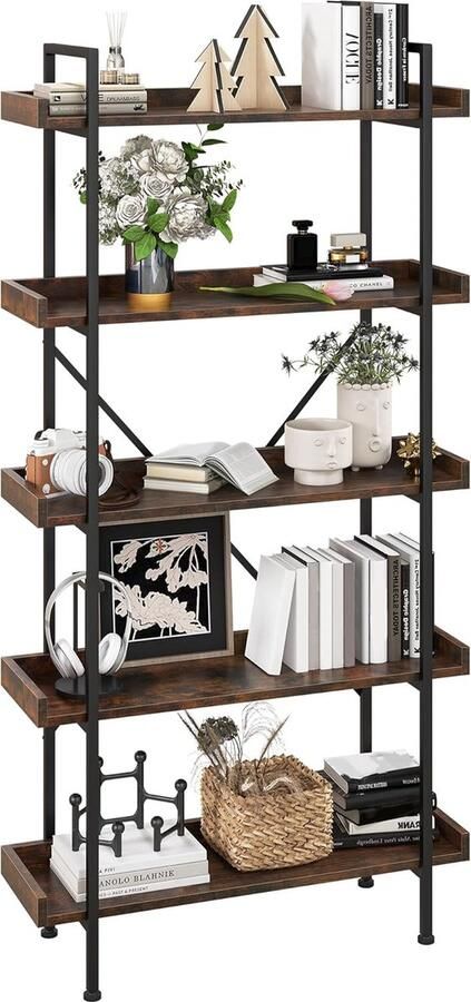 Boekenkast 5 Tier Industriële Boekenplank Vrijstaande Rekken Unit met Metalen Frame Boekenkast Display Opbergrek voor Woonkamer Hal Thuis Slaapkamer Kantoor Rustieke Bruine Boekenplank