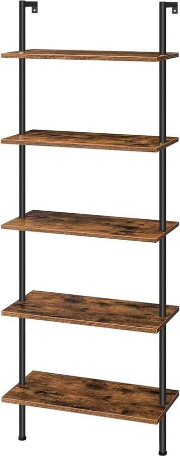 Bookcase 5-Floor Industrial Ladder Rack Particleboard Standing Shelf with Metal Frame Dark Brown Wood Display for Home Office