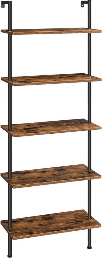 Boekenkast 5 verdiepingen industrieel ladderrek spaanplaat verticaal staand rek met stabiliserend metalen frame voor thuiskantoor woonkamer donkerbruin