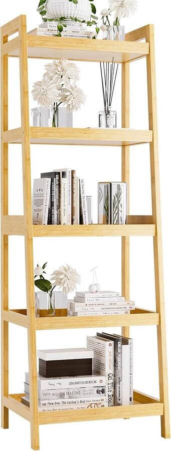 Retadou Boekenkast 5 verdiepingen tellende ladder boekenkast met bamboeframe vrijstaand hoog smal display plantenrek voor woonkamer keuken slaapkamer balkon natuur - Foto 2