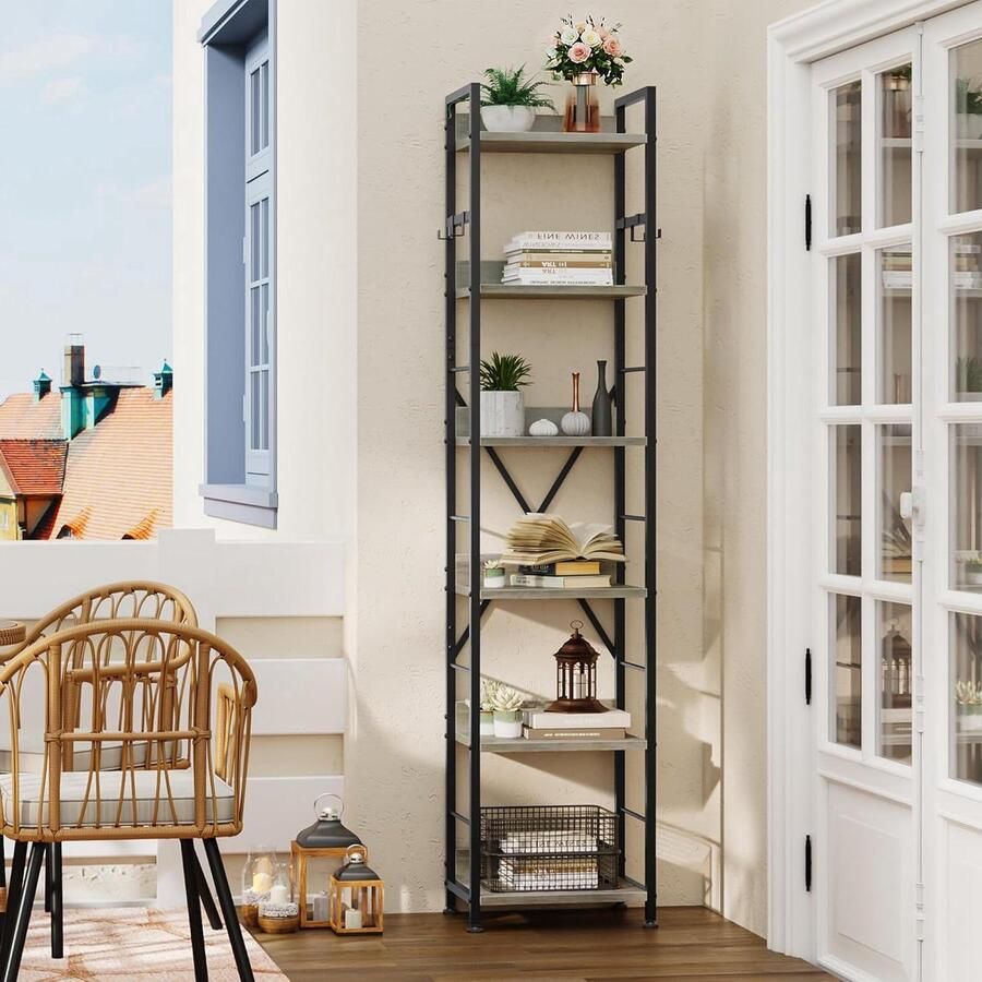 Boekenkast 6 niveaus boekenrek grijs hout en metaal