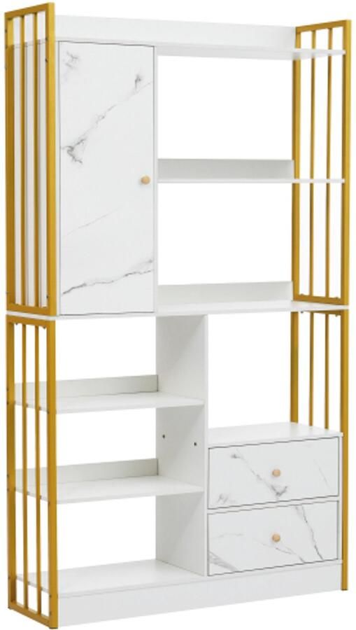 Boekenkast 6 planken verticale planken met deuren en laden industriële planken stalen planken wit gemarmerd met gouden frame