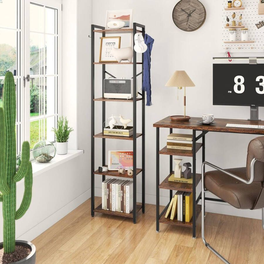 Boekenkast 6 verdiepingen opbergrek plantenrek opbergrek met stalen frame voor woonkamer kantoor werkkamer hal industriële stijl bruin HBC001H