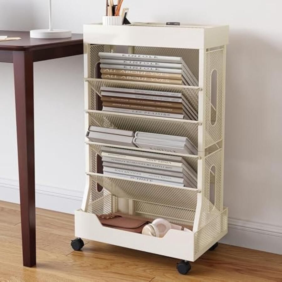 Boekenkast afneembare mobiele boekenplankwagen boekenplank geschikt voor school werkkamer woonkamer slaapkamer (beige)