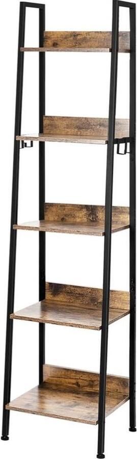 Boekenkast Boekenrek Boekenplank 5 lagen Industrieel Hout en Metaal Met 4 haken 40cm x 170cm x 36cm