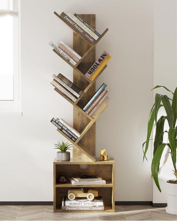 Boekenkast boomvorm 6 niveaus staand rek met lade cd-dvd-plank opbergplank hout vrijstaand houten rek voor slaapkamer woonkamer en thuiskantoor 37 x 20 x 120 4 cm vintage bruin