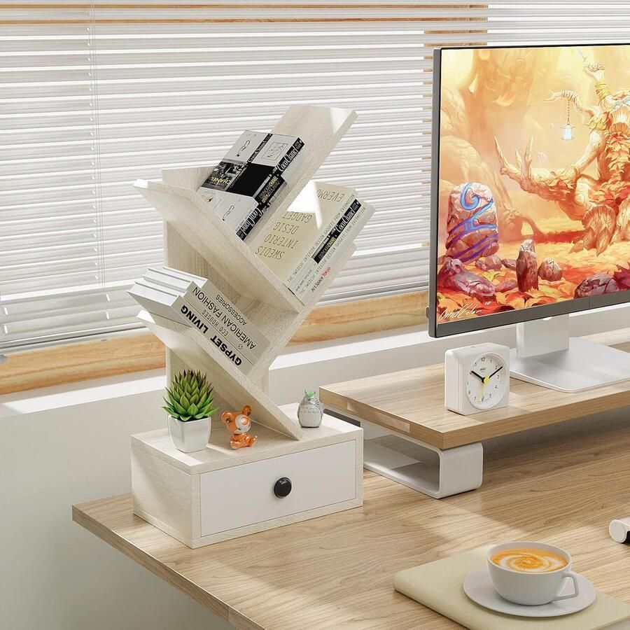 Boekenkast boomvorm houten rek met lade boekenrek op tafel en vloer cd- en dvd-plank klein rek voor werkkamer en kantoor 30 x 17 5 x 60 cm (3 verdiepingen beige)