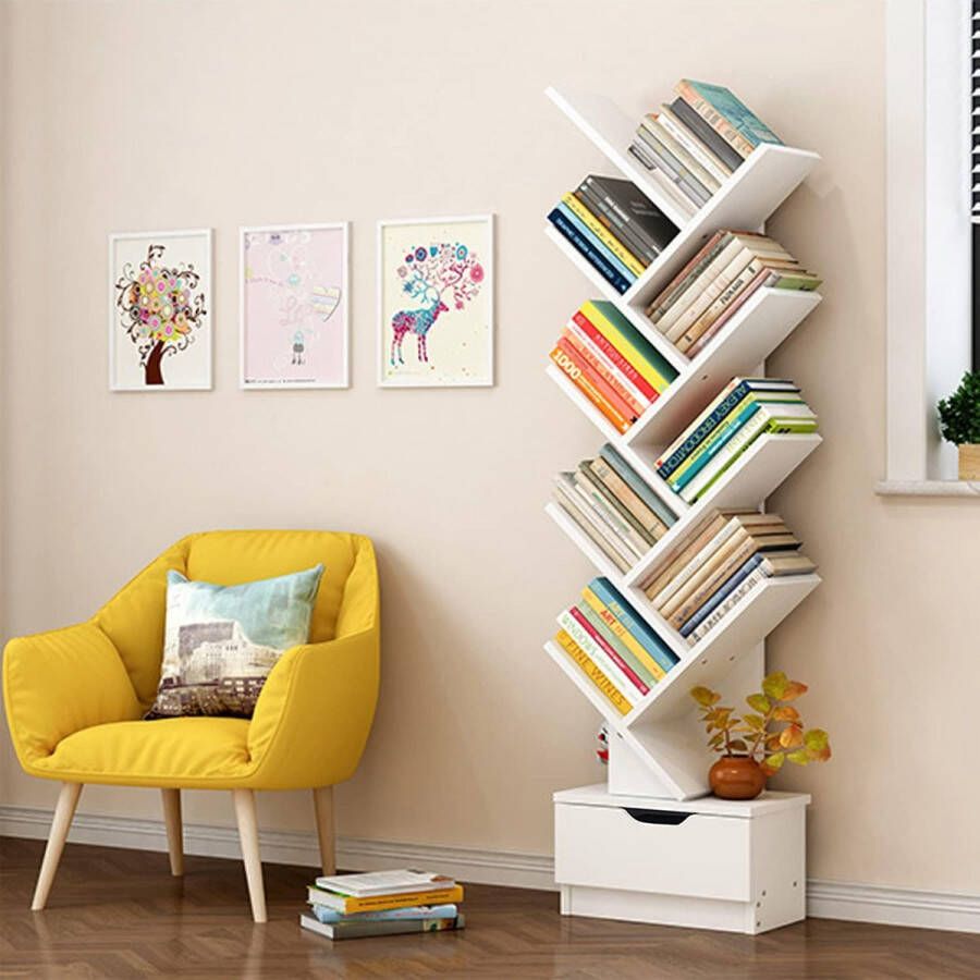 Boekenkast Boomvorm Staande plank Boekenkast in de vorm van een boom met lade 10-laags boekenkast Ruimtebesparend CD- en DVD-plank voor slaapkamer woonkamer en thuiskantoor