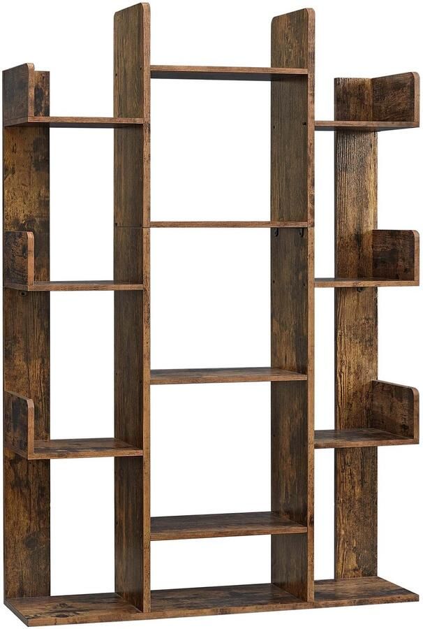 Boekenkast boomvormige boekenkast opbergkast vitrinekast multifunctioneel opberg- en displaymeubel met 13 opbergvakken stevig houten frame stijlvol design 86 x 25 x 140 cm bruin