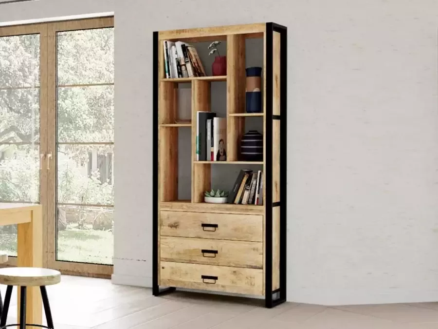Vente-unique Boekenkast HARLEM 3 laden en 7 nissen Mangohout en metaal L 83 cm x H 190 cm x D 35 cm