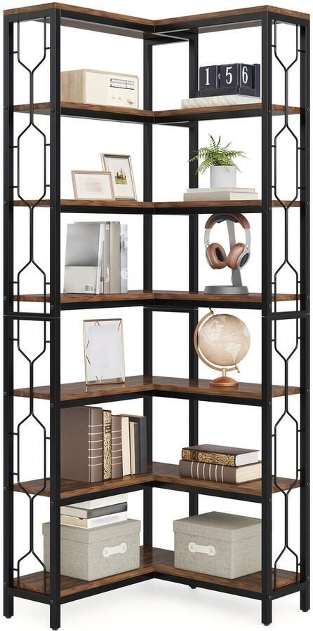 Boekenkast Hoekschap Moderne hoekboekenkast houten en metalen hoeketagère boekenkast vrijstaande display plank voor woonkamer keuken thuiskantoor donkerbruin en zwart Hoek boekenkast met 7 Planken 60 x 60 x 200 cm