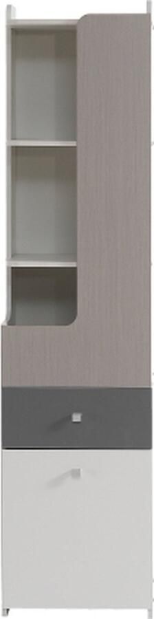 GOTAGEE Boekenkast Hoog Boekenrek Tiener Rek met L-vormige Deur met Lade Opslagkasten Deuren met Scharnieren MDF Wit + Lichte Essenhoutkleur + Grijs