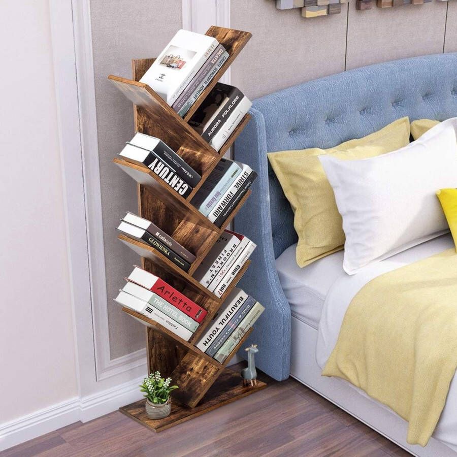 Boekenkast hout boekenkast 8 niveaus staand rek vintage kubusrek bruin opbergrek 51x28x140cm