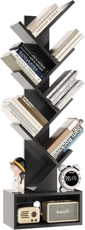 Boekenkast in boomvorm 6 niveaus staand rek modern houten rek voor boeken films cd's vrijstaand voor woonkamer thuiskantoor werkkamer zwart
