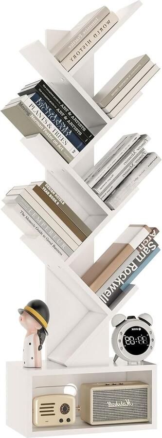 Boekenkast in boomvorm 6 niveaus staand rek modern houten rek voor boeken films cd's vrijstaand voor woonkamer thuiskantoor werkkamer wit