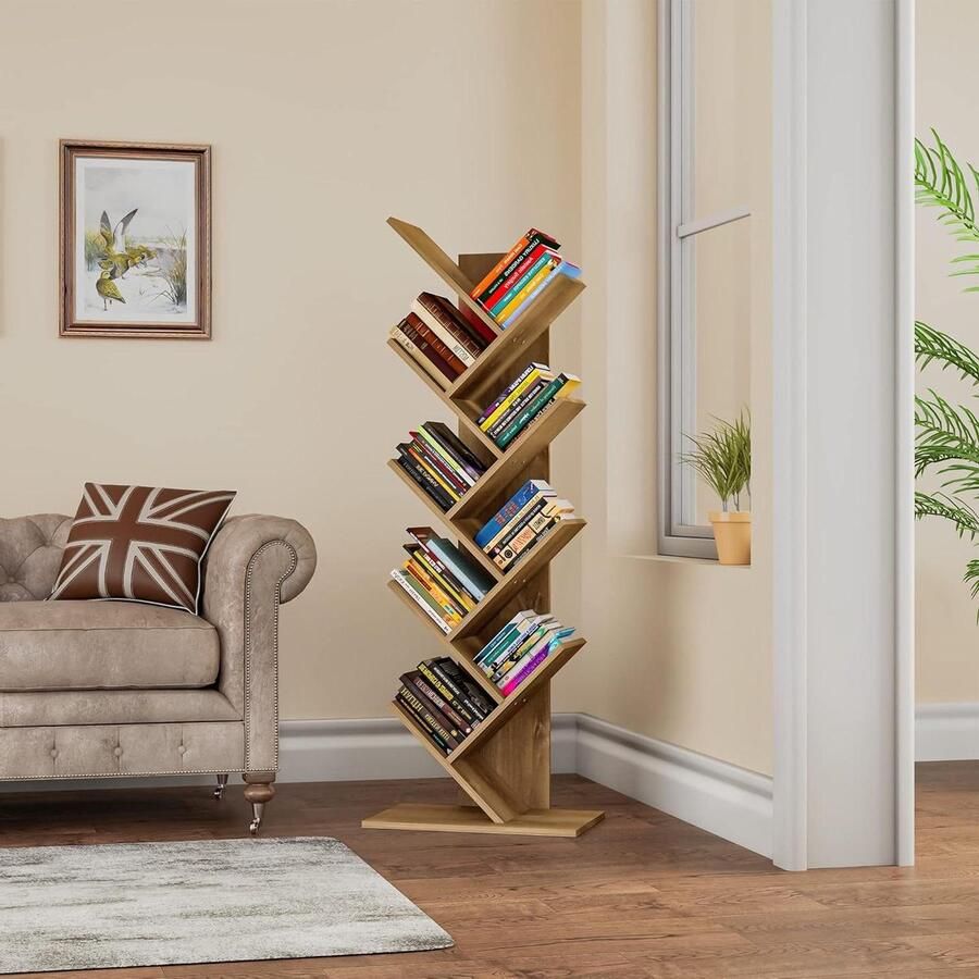 Boekenkast in boomvorm Industrieel boekenrek met rustiek bruin hout Opbergrek voor woonkamer en kantoor Houtkleurige boekenplanken Ruimtebesparend en stijlvol
