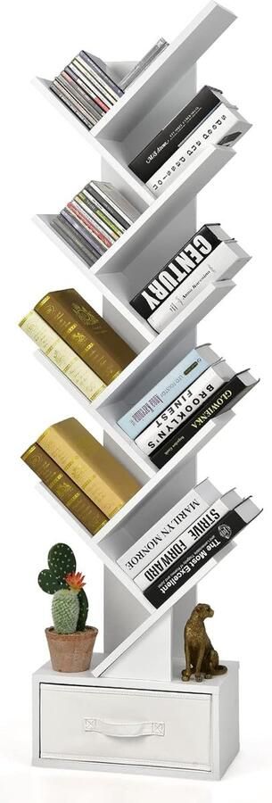 Boekenkast in Boomvorm met 10 Planken en Lade Ruimteverdeler voor Woonkamer Kantoor en Slaapkamer