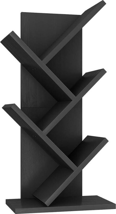 Boekenkast in de vorm van een boom 4 niveaus als kamerverdeler staande plank 30 x 17 x 60 cm ruimtebesparend houten plank voor boeken cd's spelletjes decoratie voor slaapkamer woonkamer kantoor zwart