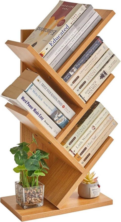Boekenkast in de vorm van een boom 4 niveaus als scheidingswand staande plank 30 x 17 x 60 cm ruimtebesparend houten plank voor boeken cd's spelletjes decoratie voor slaapkamer woonkamer kantoor natuurlijk