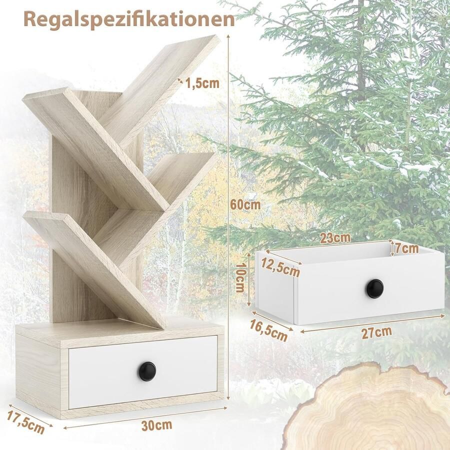 Boekenkast in de vorm van een boom houten plank met lade boekenkast op tafel en vloer cd- dvd-plank kleine plank voor studeerkamer en kantoor 30 x 17 5 x 60 cm (3 lagen beige)