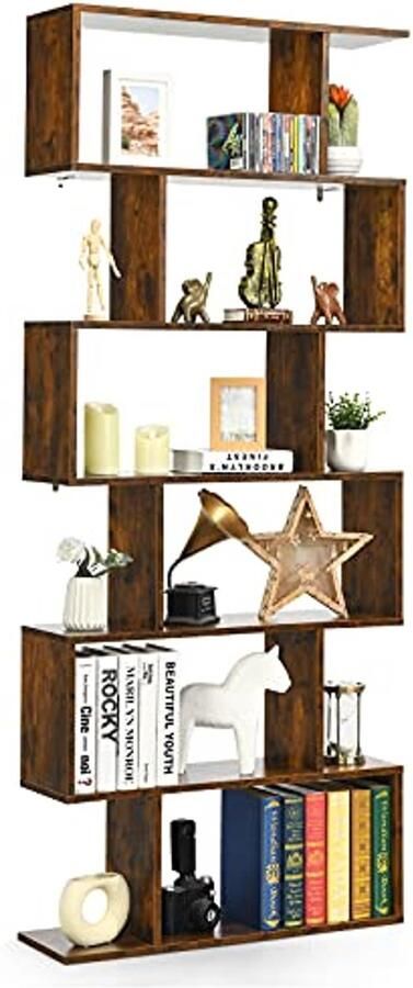 Boekenkast in S-vorm met 6 etages Multifunctionele houten boekenkast met anti-kanteldesign
