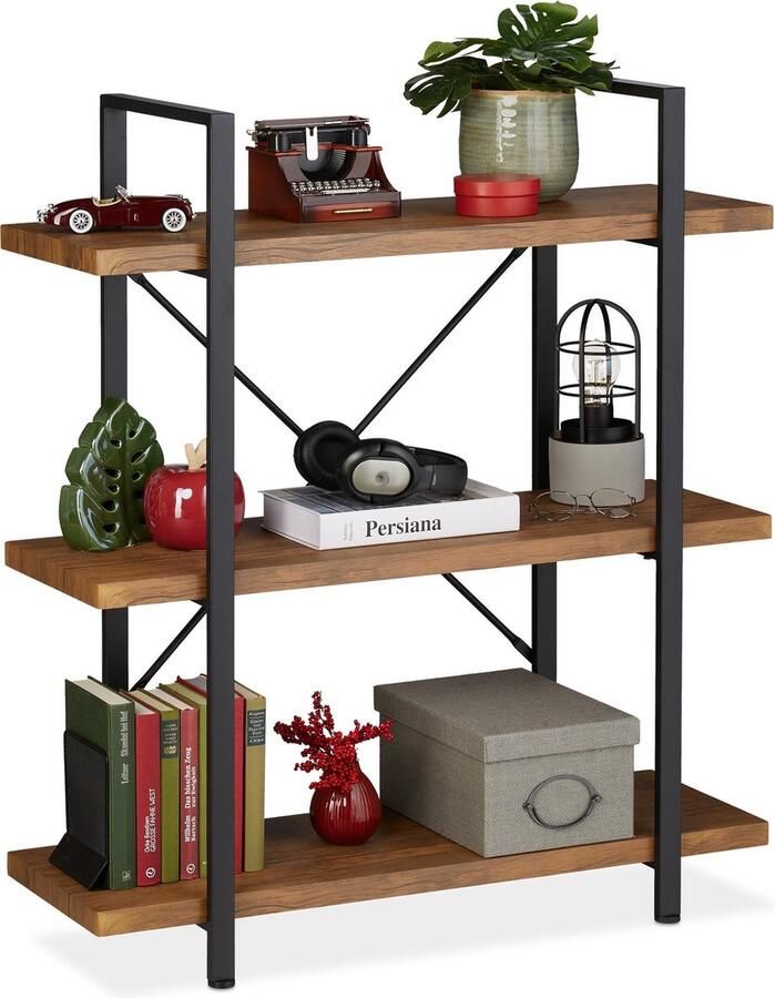 Relaxdays boekenkast industrieel 3 etages vintage stellingkast opbergrek woonkamer
