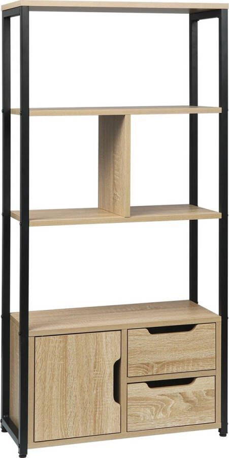 Dripio Boekenkast industrieel Alexa 4 Lagen Oak 1 Deur en 2 Lades Boekenrek Woonkamer slaapkamer en kinderkamer Hout Metaal 58 x 24 x 120 cm