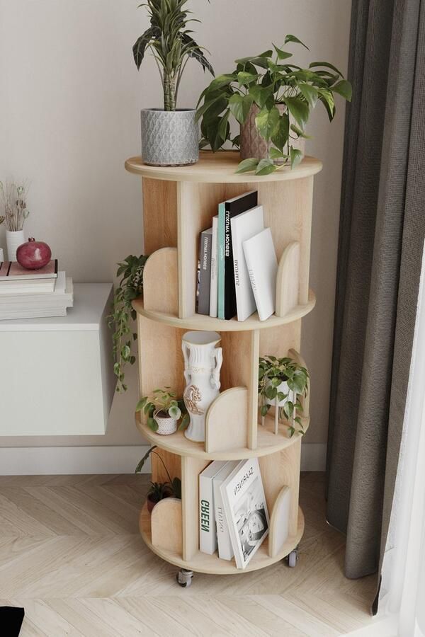Zeo Wood Boekenkast Industrieel Boekenkast met Wielen Boekenkast Kind Boekenrek Houtkleur 360° draaibaar