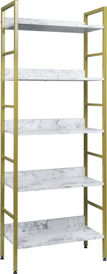 Boekenkast industrieel Herman 5 Lagen Wit Goud Marble Look Boekenrek Woonkamer slaapkamer en kinderkamer Hout Metaal 60 x 27.5 x 160 cm